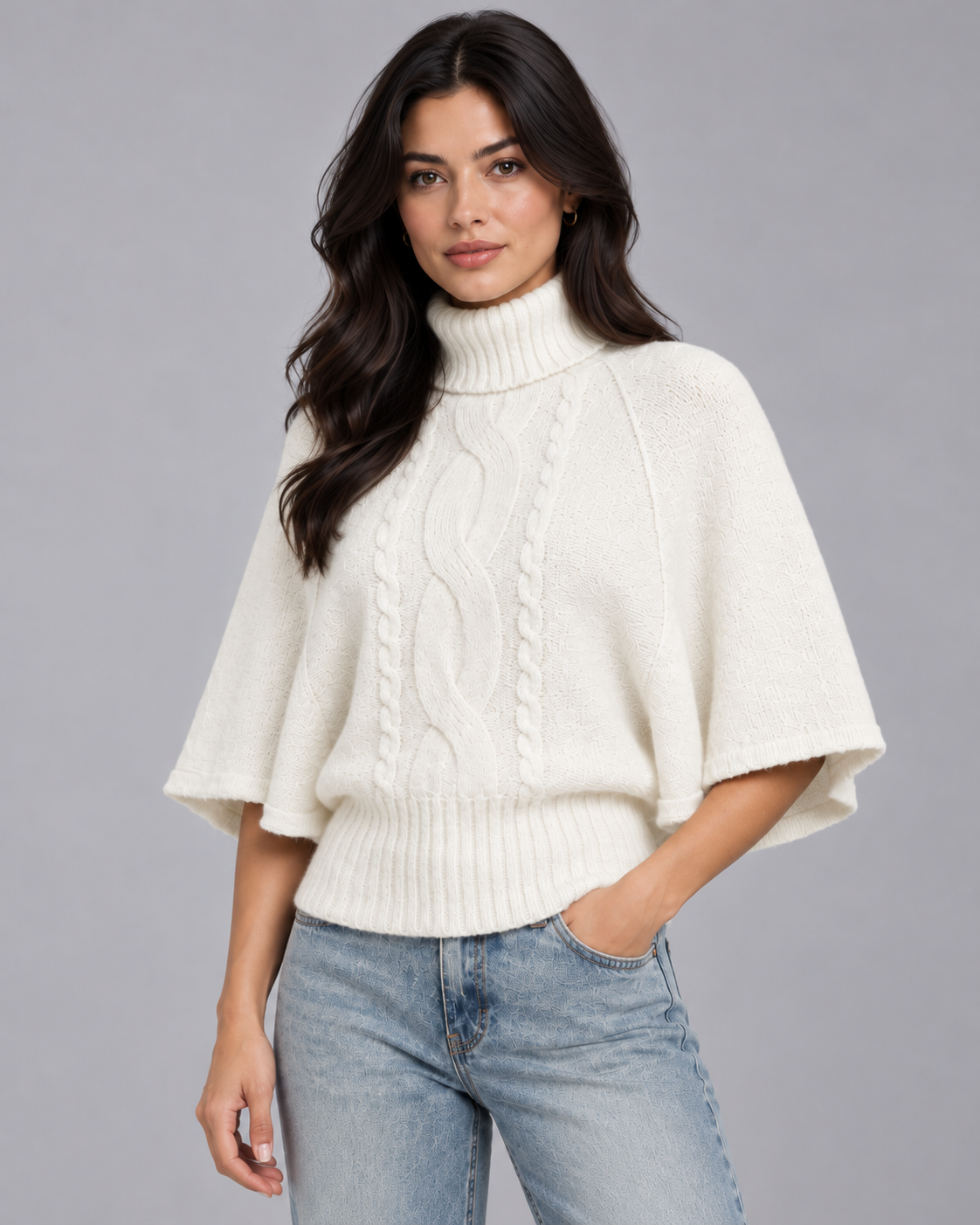 Women's Knitted Turtleneck Jumper | Sweater with Dropped Sleeves