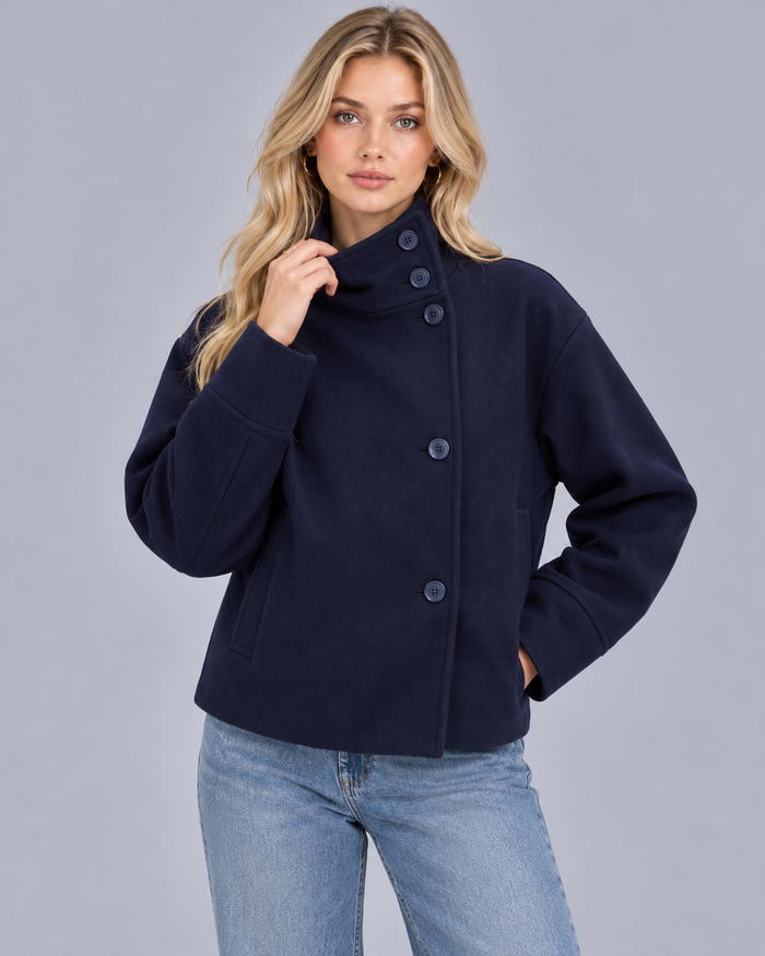 Women's Wool-Textured Coat Jacket | Single-Breasted Funnel Neck