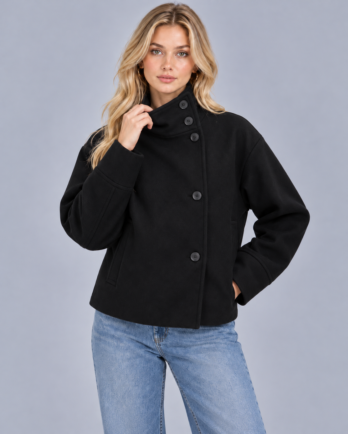 Women's Wool-Textured Coat Jacket | Single-Breasted Funnel Neck