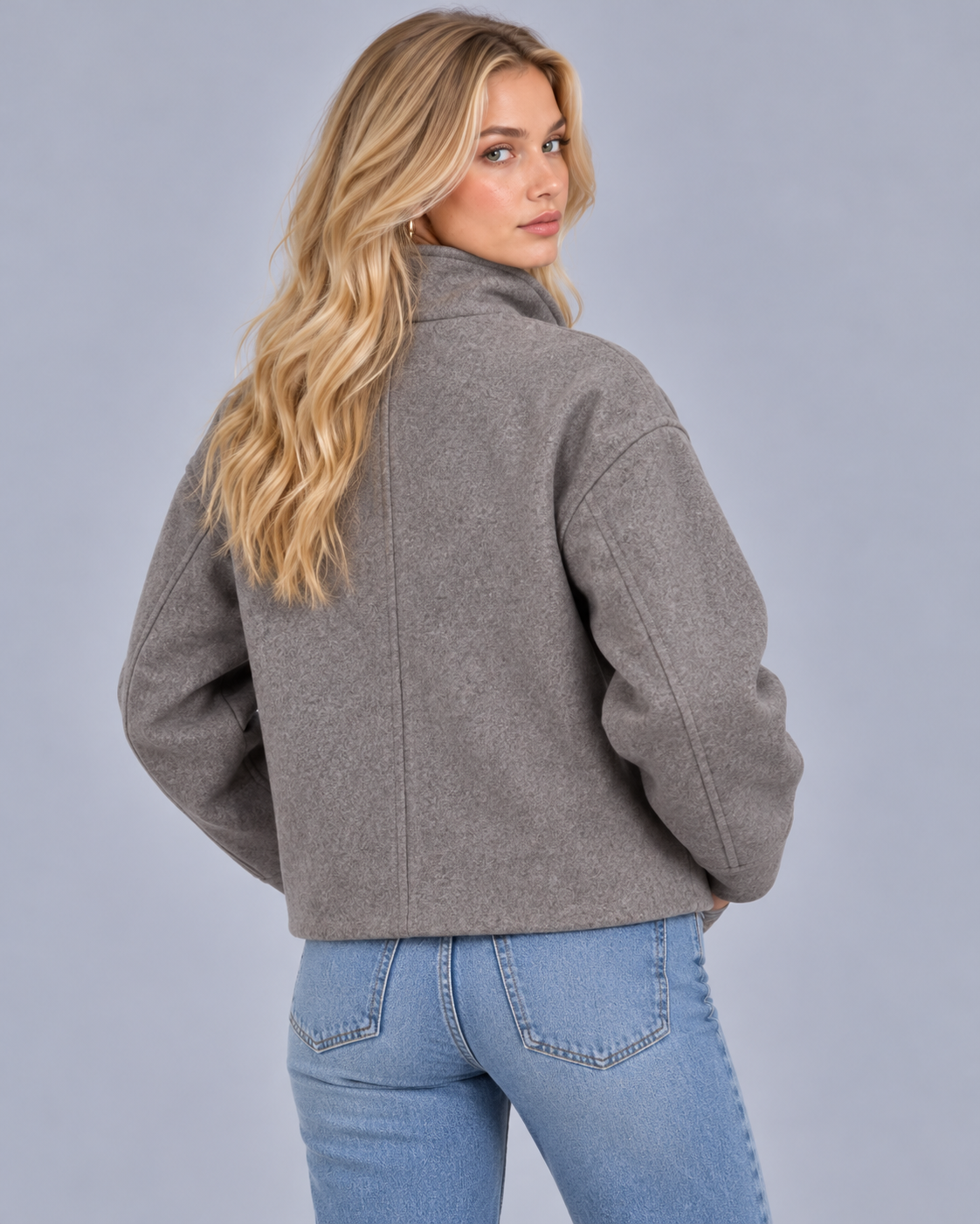 Women's Wool-Textured Coat Jacket | Single-Breasted Funnel Neck