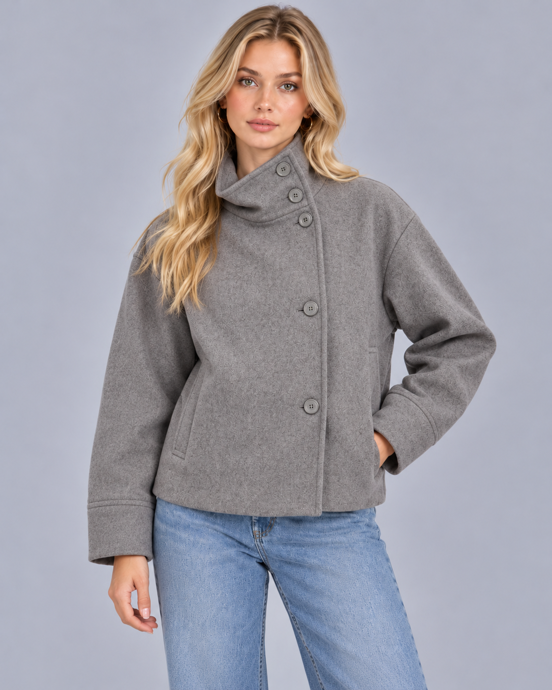 Women's Wool-Textured Coat Jacket | Single-Breasted Funnel Neck