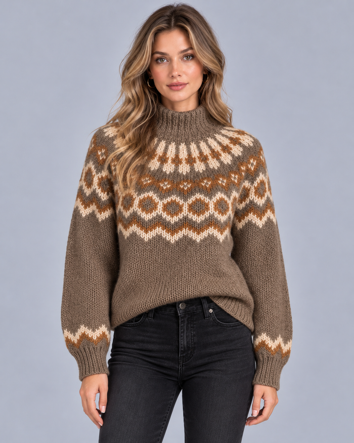 Women's Chunky Fair Isle Jumper with High Neck Collar