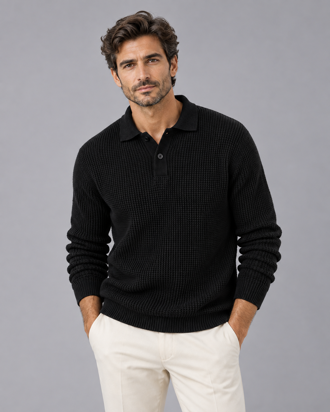 Men's Slim Fit Knit Sweater | Long Sleeve Jumper with Lapel Collar Design
