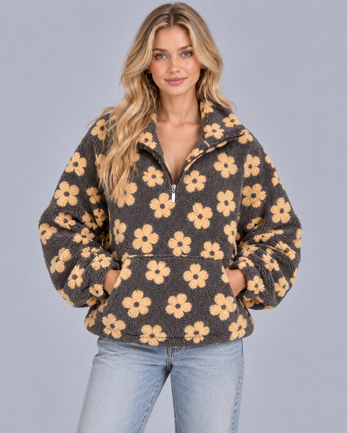 Women's Sherpa Fleece Oversized Sweater | Cozy Floral Bohemian Pullover