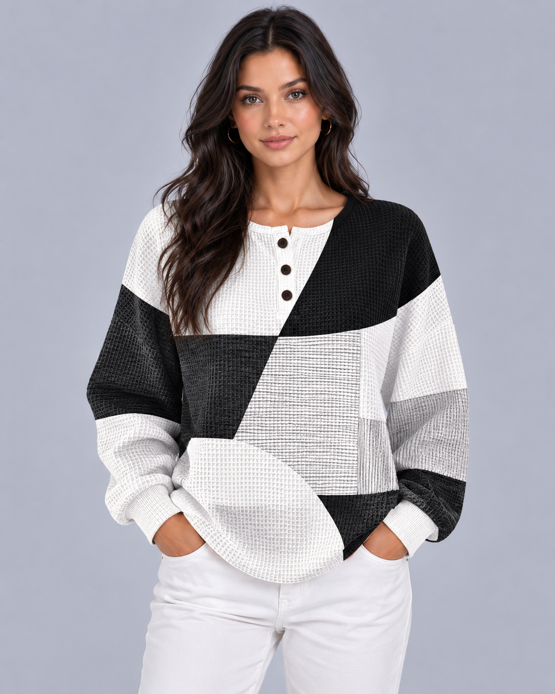 Women's Waffle Knit Pullover Sweater | Cozy Colour Block Henley for Autumn Winter