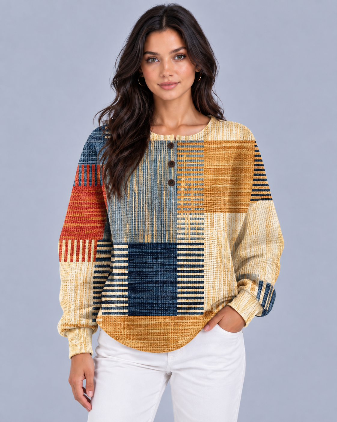 Women's Waffle Knit Pullover Sweater | Cozy Colour Block Henley for Autumn Winter