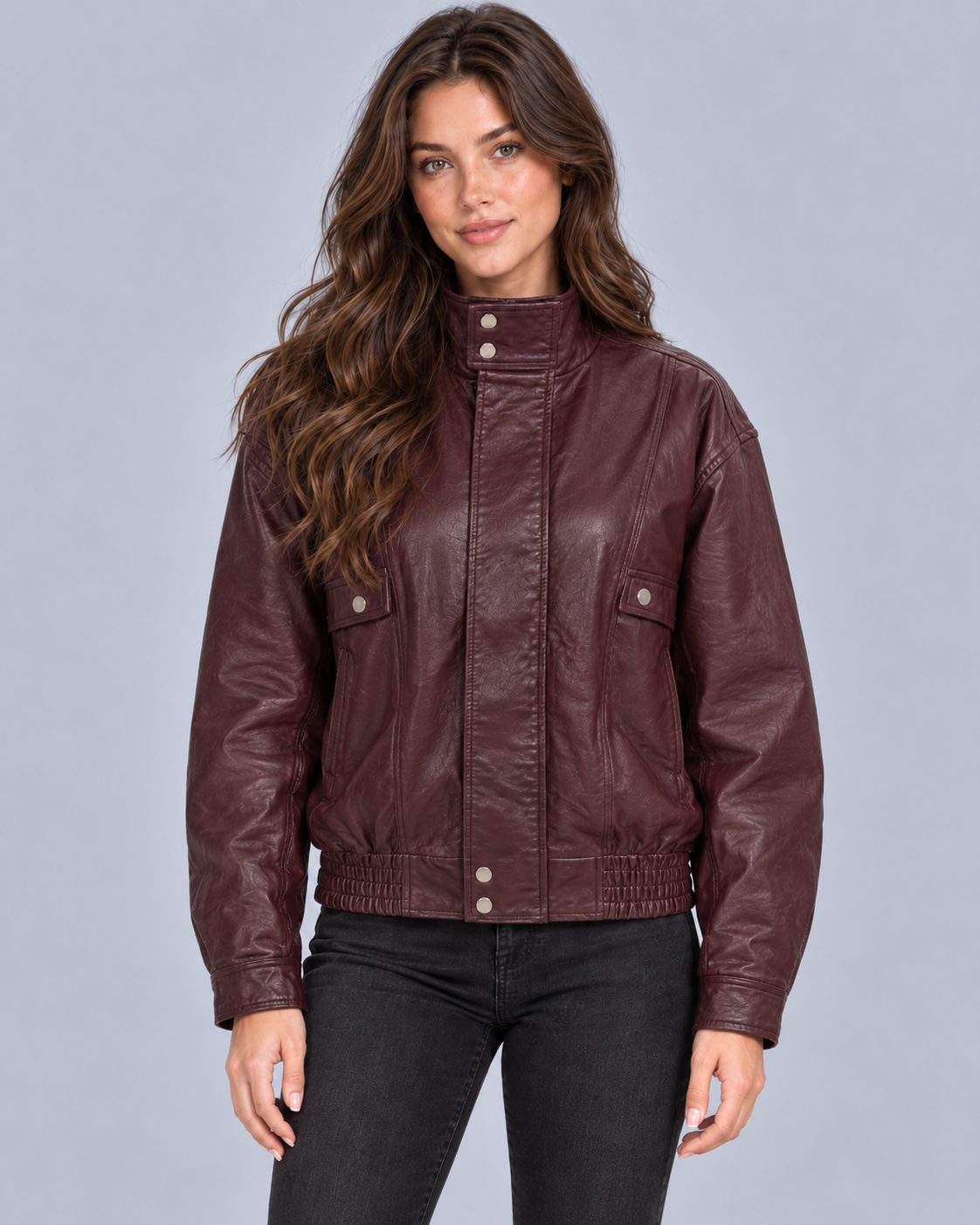 Women's Faux Leather Bomber Jacket | Relaxed Fit Biker Jacket