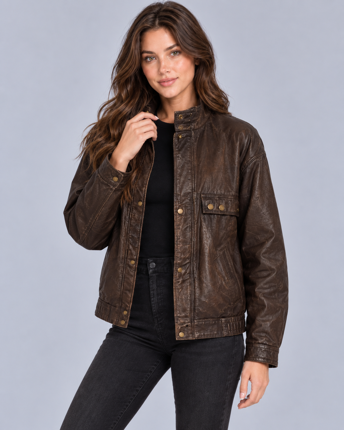 Women's Faux Leather Bomber Jacket | Relaxed Fit Biker Jacket