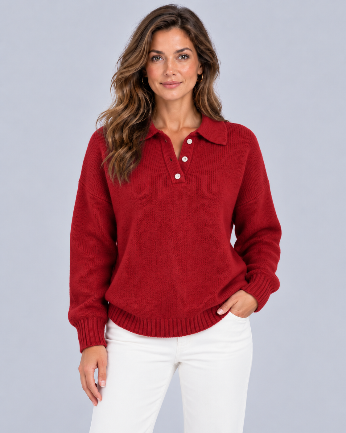 Women's Stretch-Knit Polo Sweater | Jumper with Ribbed Cuffs