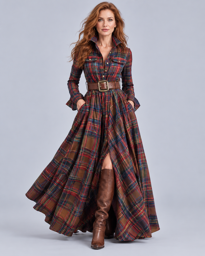 Women's Soft Plaid Vintage Shirt Dress | Flattering Button-Down with Lapel