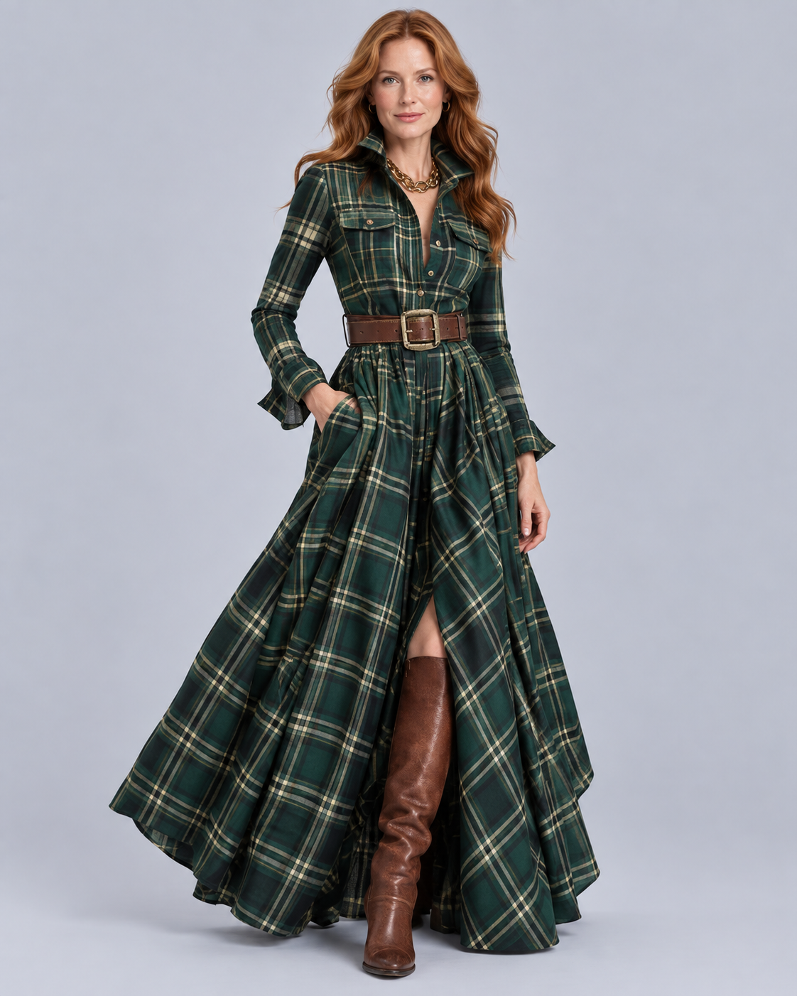 Women's Soft Plaid Vintage Shirt Dress | Flattering Button-Down with Lapel