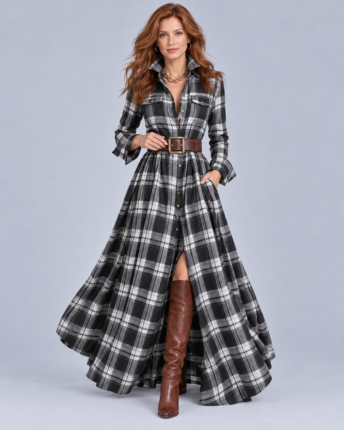 Women's Soft Plaid Vintage Shirt Dress | Flattering Button-Down with Lapel
