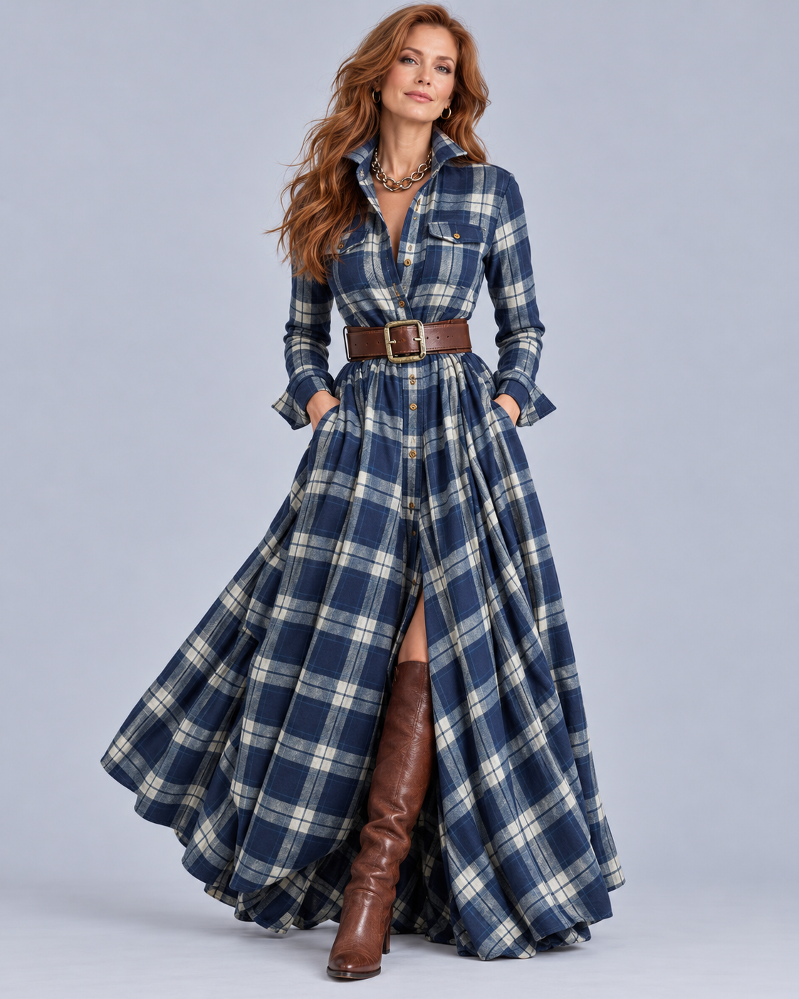 Women's Soft Plaid Vintage Shirt Dress | Flattering Button-Down with Lapel