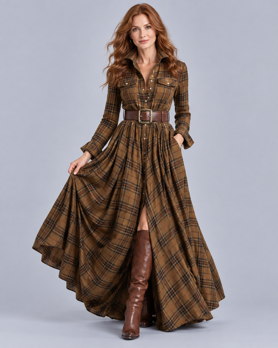 Women's Soft Plaid Vintage Shirt Dress | Flattering Button-Down with Lapel