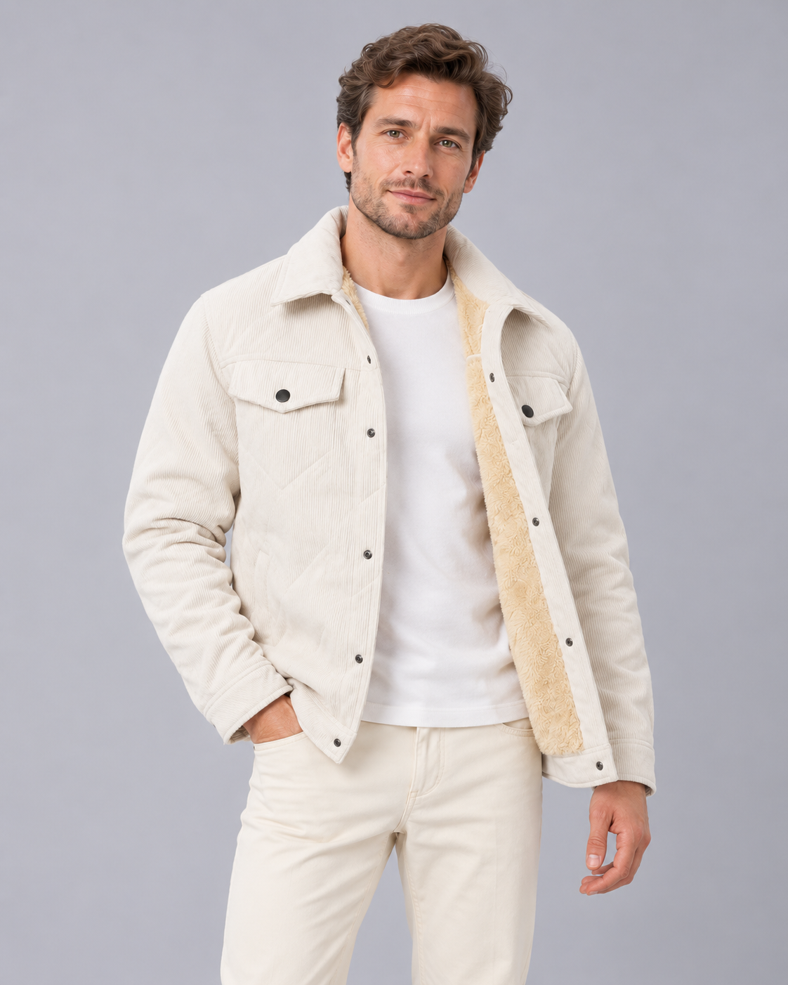 Men's Corduroy Padded Jacket | Coat with Snap-Button Closure