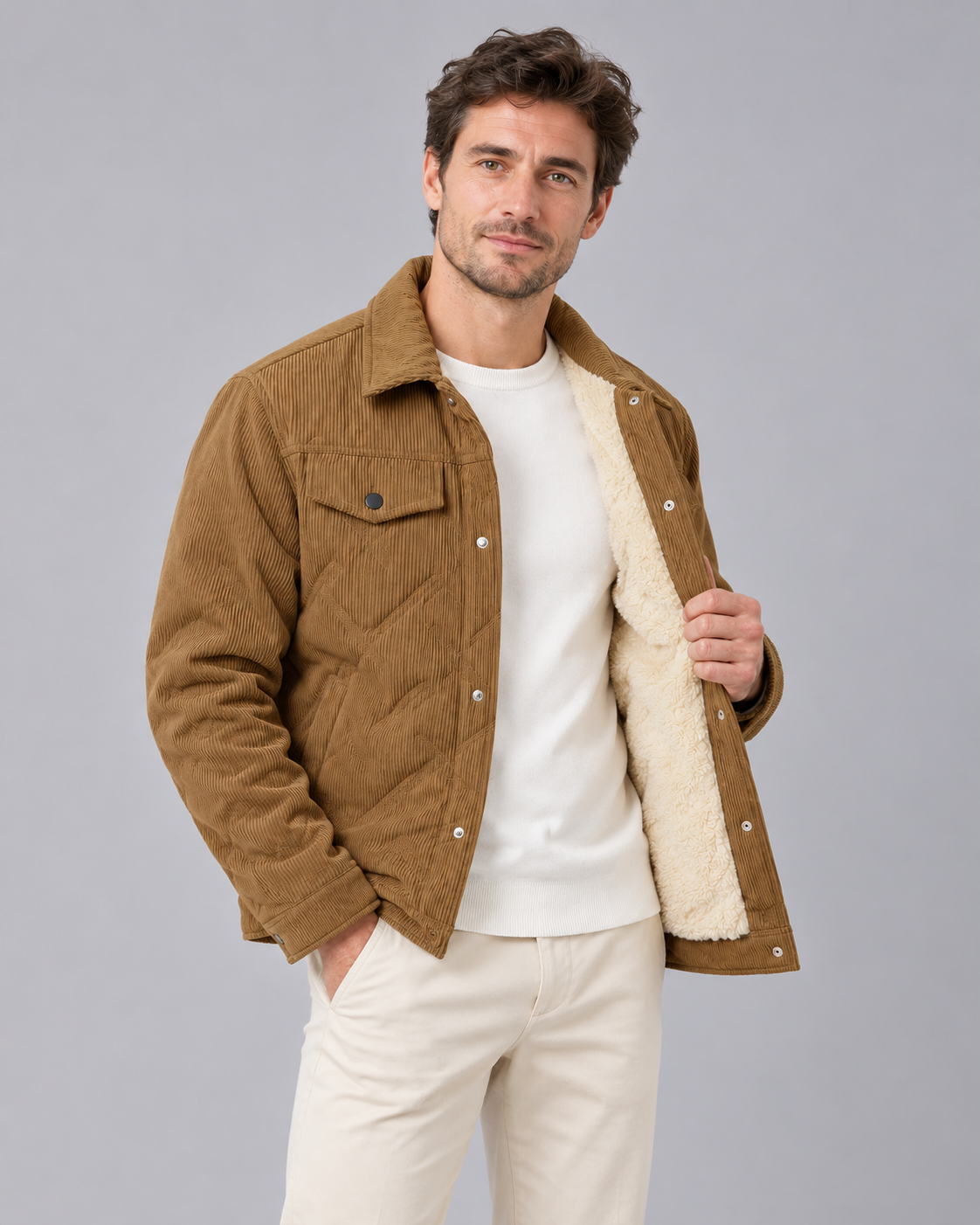 Men's Corduroy Padded Jacket | Coat with Snap-Button Closure