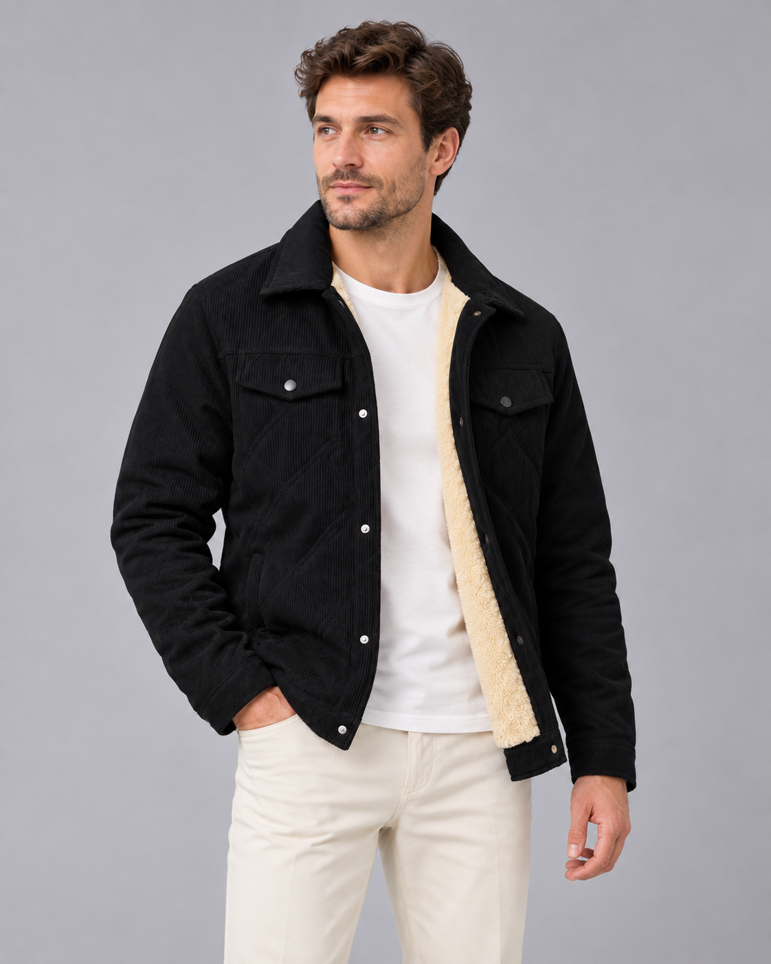 Men's Corduroy Padded Jacket | Coat with Snap-Button Closure