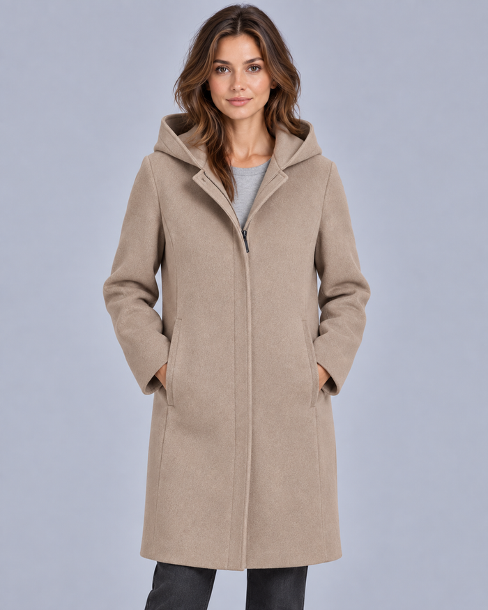 Women's 100% Pure Wool Hooded Coat | Full Zip Overcoat
