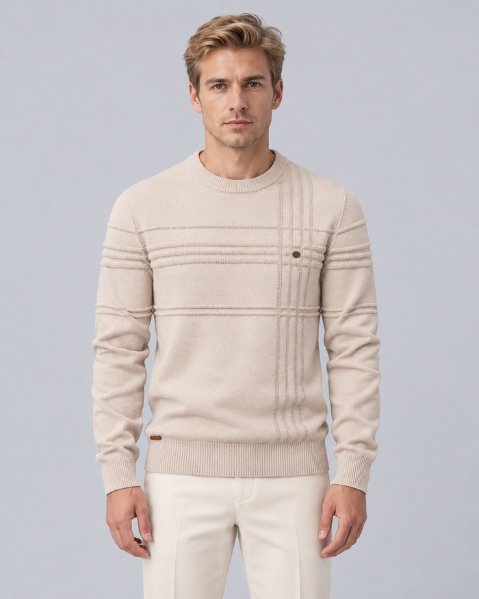 Men's Textured Cotton Crew Neck Jumper | Slim Fit Knitted Sweater