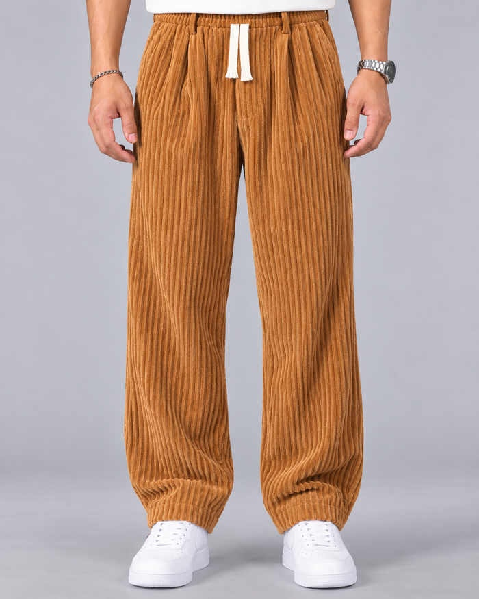 Men's Wide Leg Corduroy Trousers | Baggy Relaxed Fit with Drawstring Waist