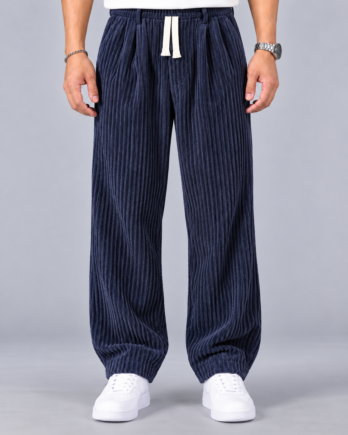 Men's Wide Leg Corduroy Trousers | Baggy Relaxed Fit with Drawstring Waist