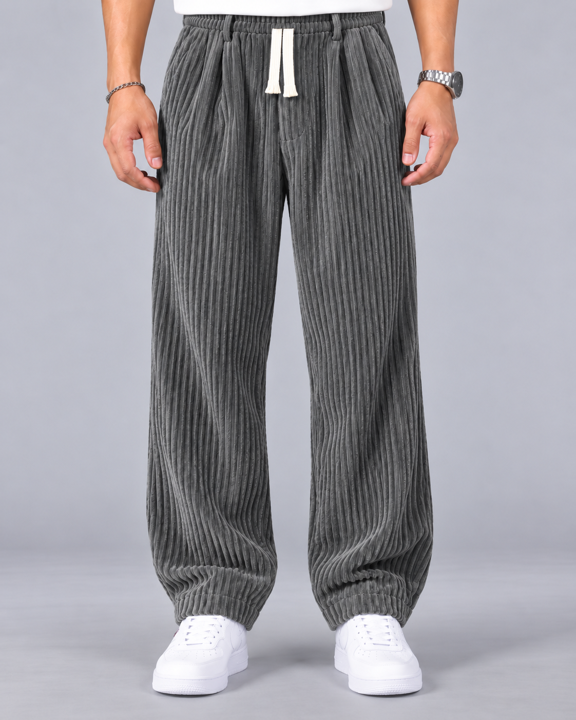 Men's Wide Leg Corduroy Trousers | Baggy Relaxed Fit with Drawstring Waist