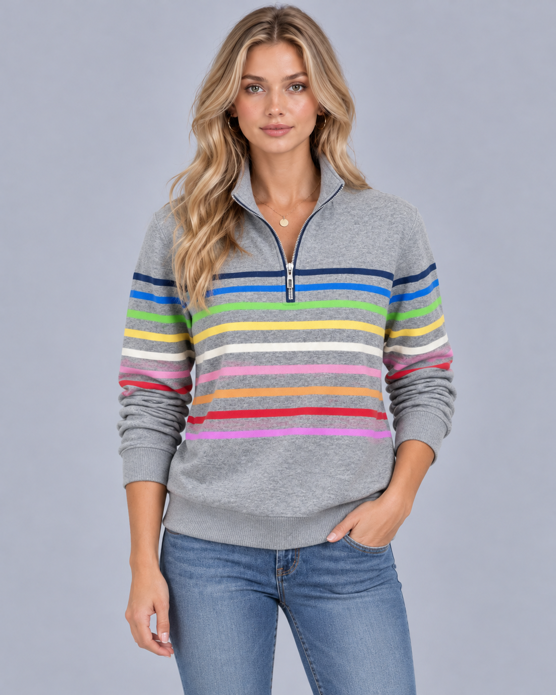 Women's Striped Quarter-Zip Knitted Jumper | Soft Knit Sweater with Stand-Up Collar