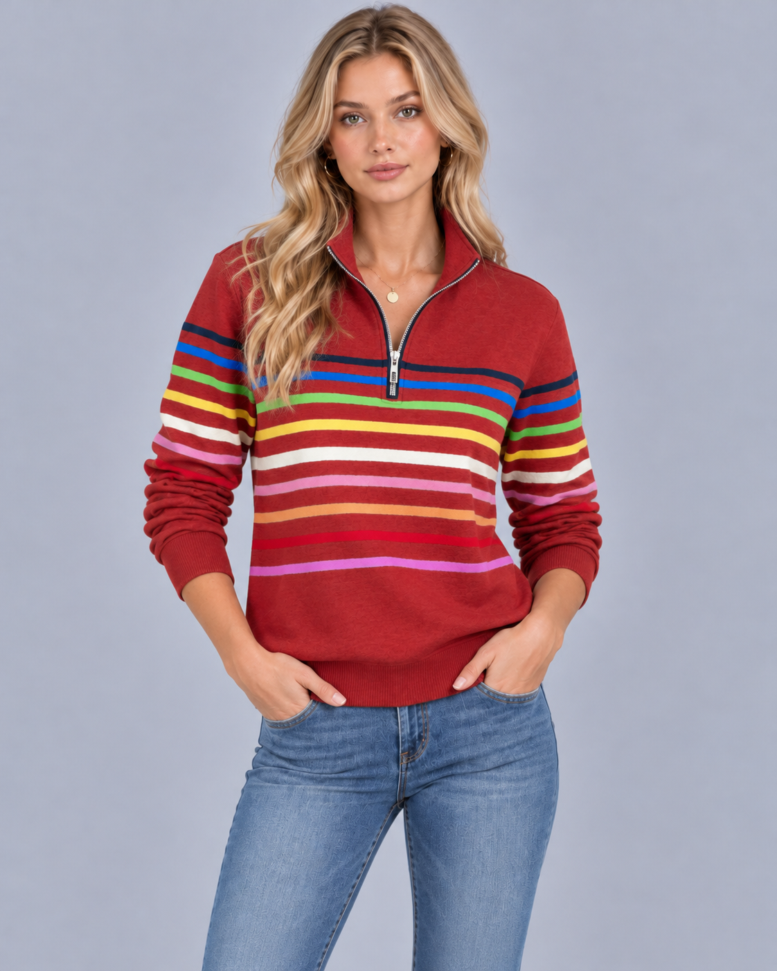 Women's Striped Quarter-Zip Knitted Jumper | Soft Knit Sweater with Stand-Up Collar