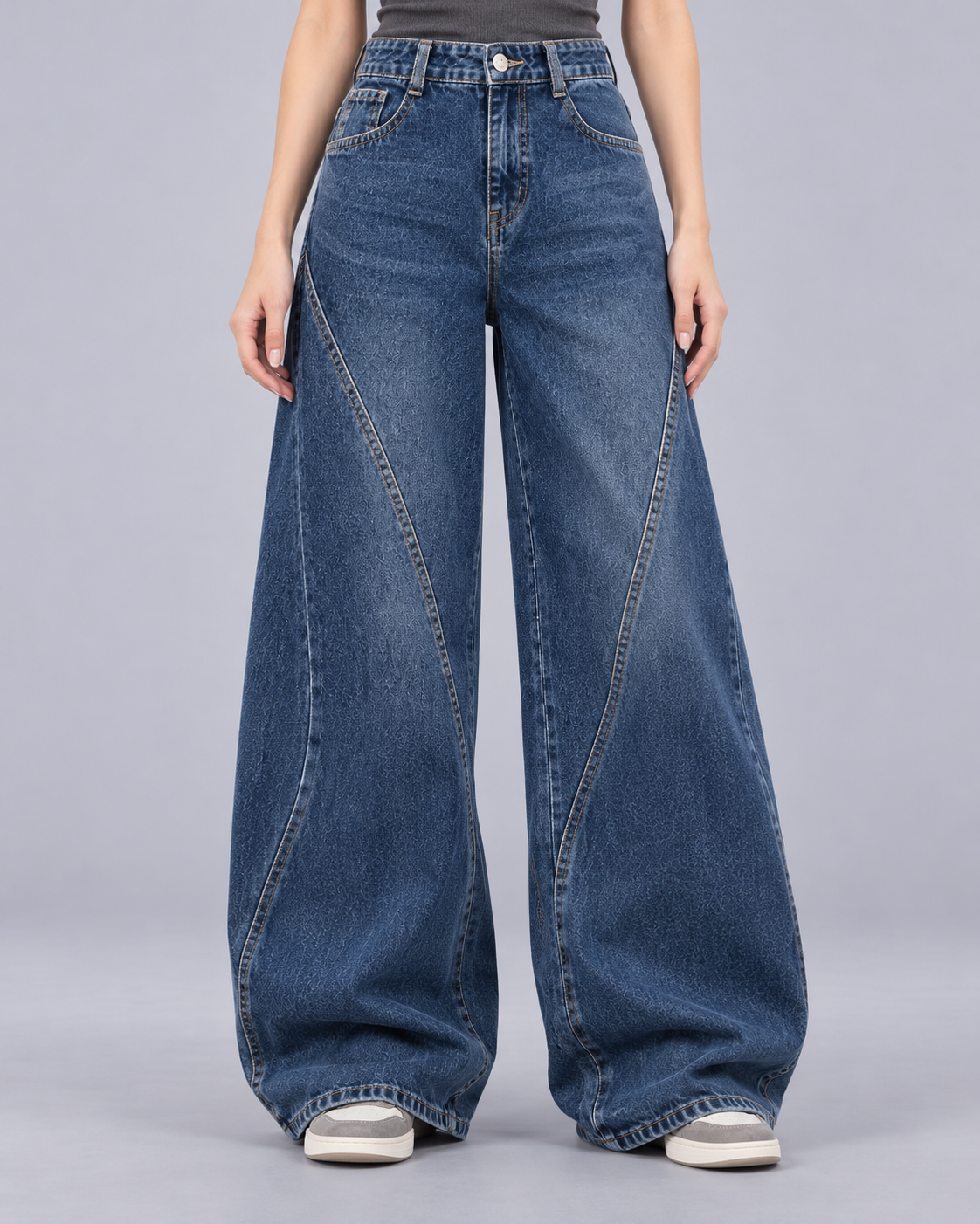 Women's High-Waisted Wide Leg Jeans | Curved Seam Vintage Wash Denim Trousers