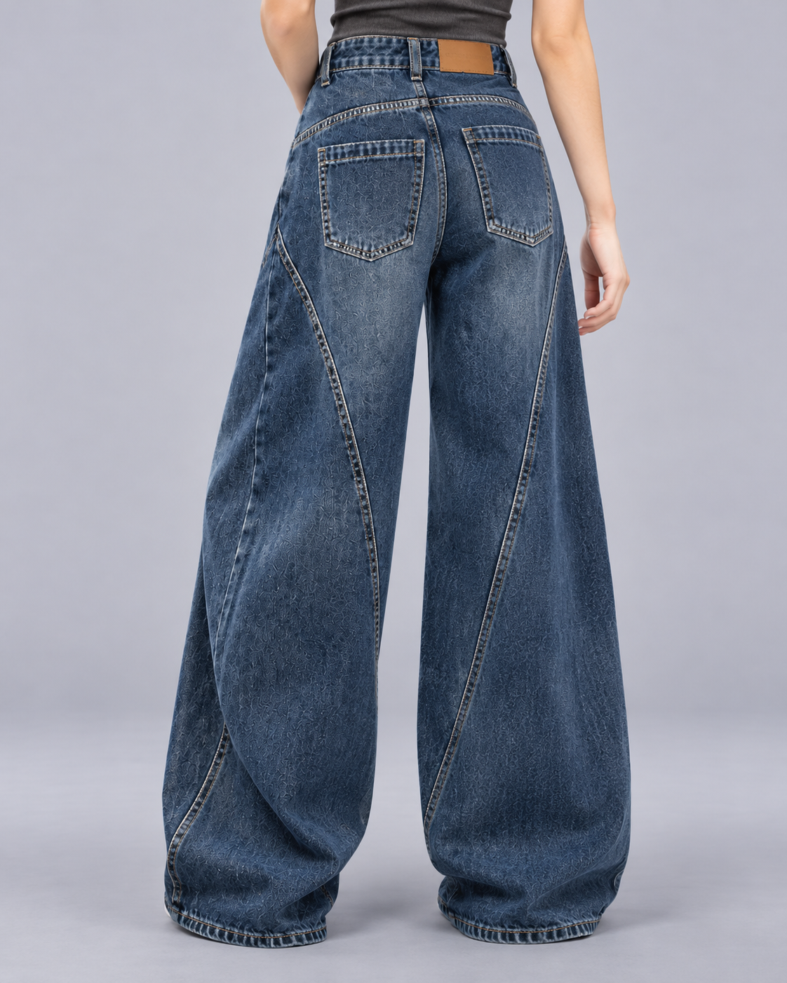 Women's High-Waisted Wide Leg Jeans | Curved Seam Vintage Wash Denim Trousers
