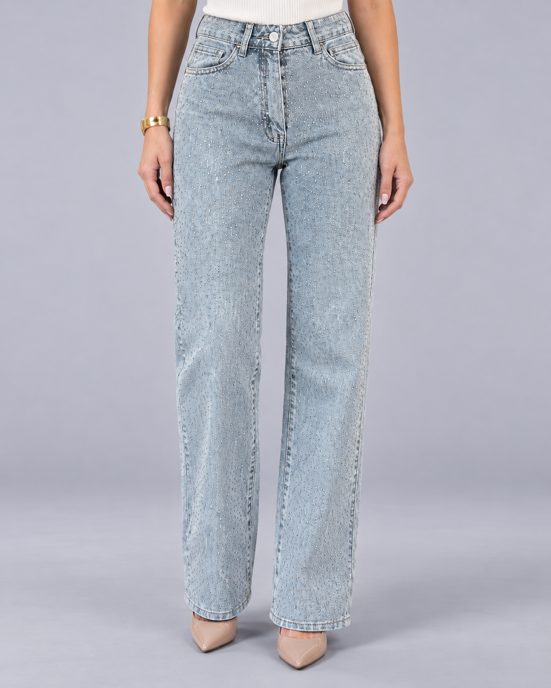 Women's High-Waisted Straight Leg Jeans | Stretch Denim with All-Over Rhinestones