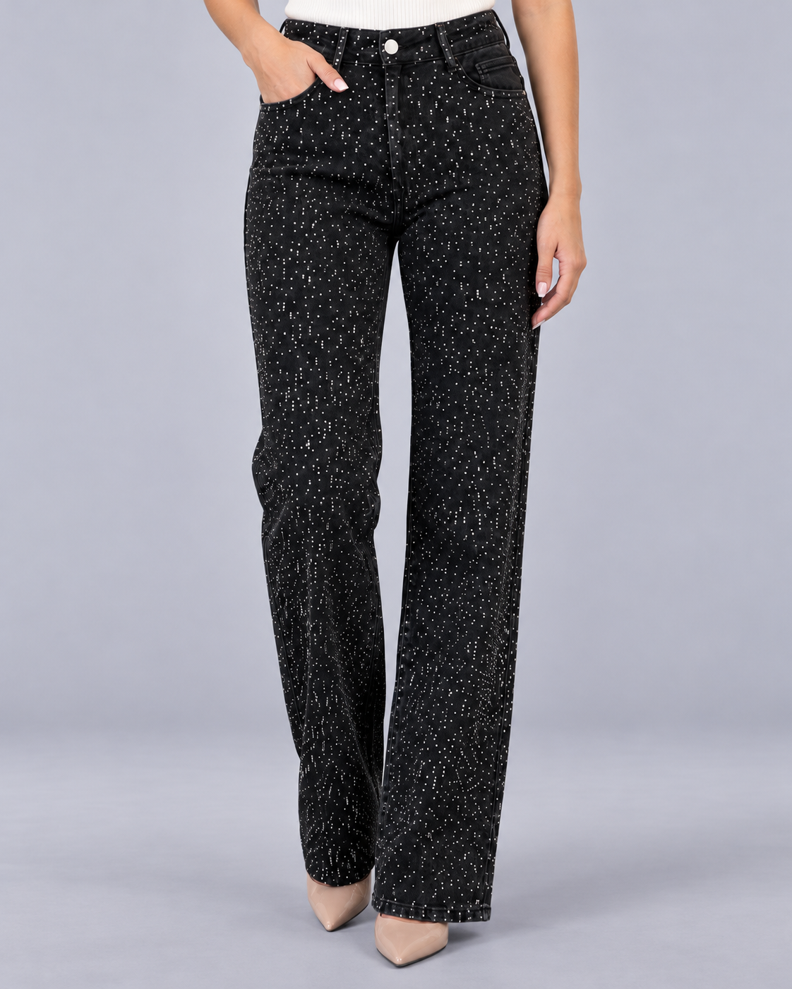 Women's High-Waisted Straight Leg Jeans | Stretch Denim with All-Over Rhinestones