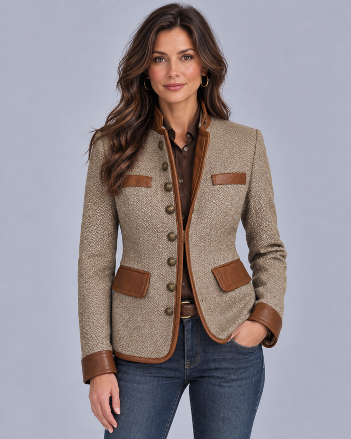 Women's Herringbone Tweed Jacket with Leather Trim