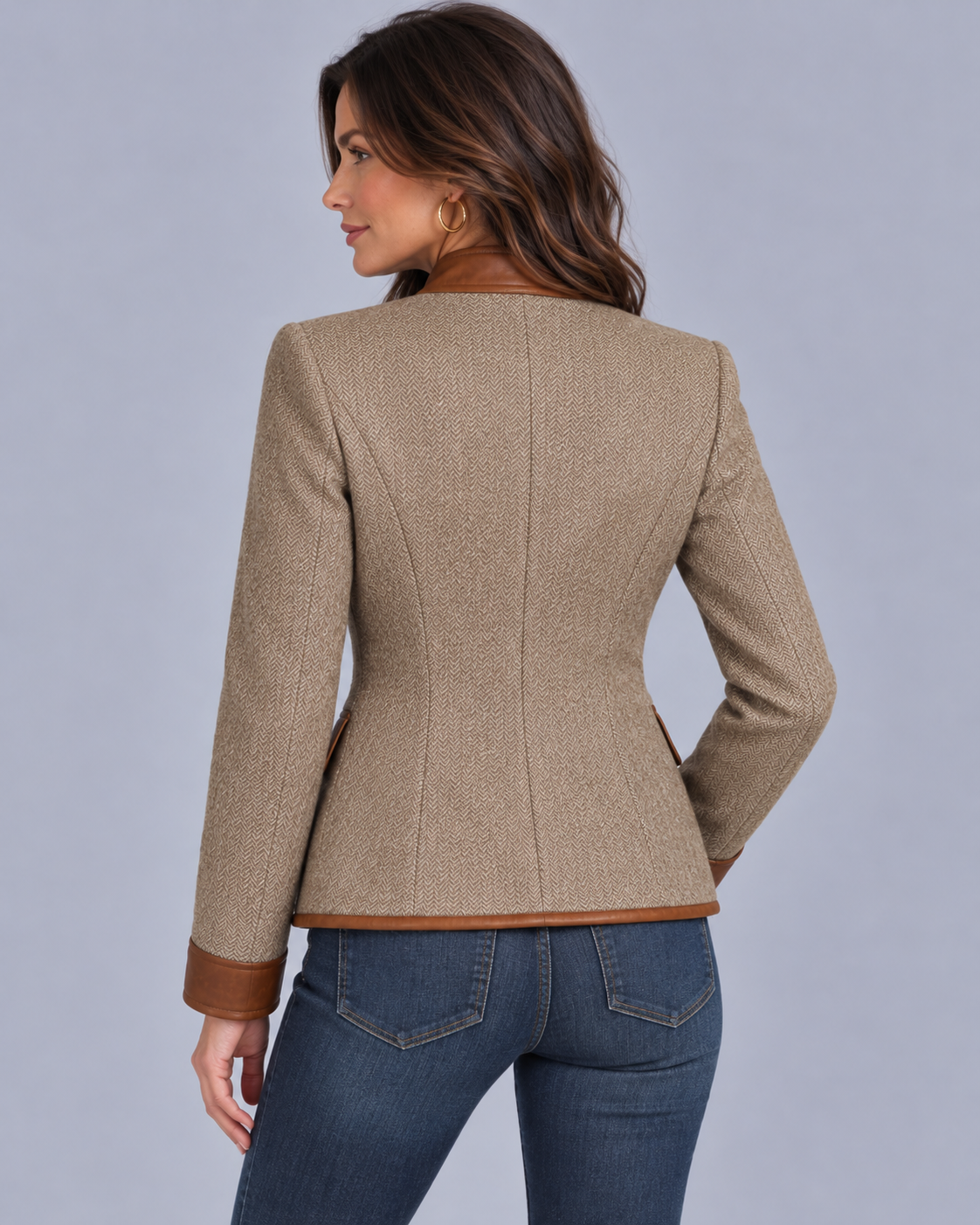 Women's Herringbone Tweed Jacket with Leather Trim