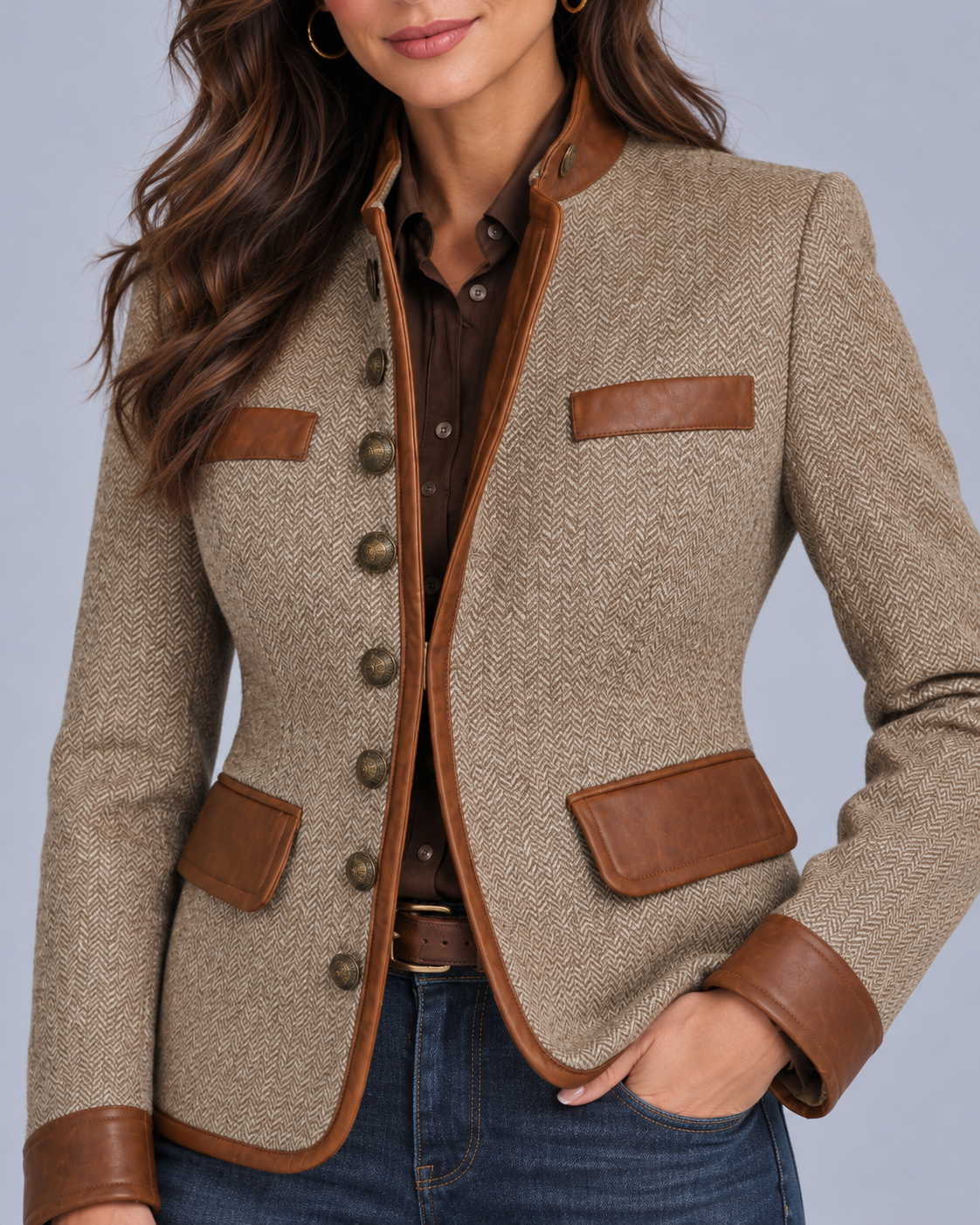 Women's Herringbone Tweed Jacket with Leather Trim