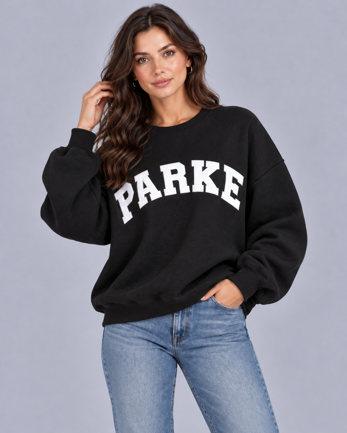 Women's Mock Neck Oversized Jumper | Long Sleeve Sweatshirt with Chenille varsity lettering