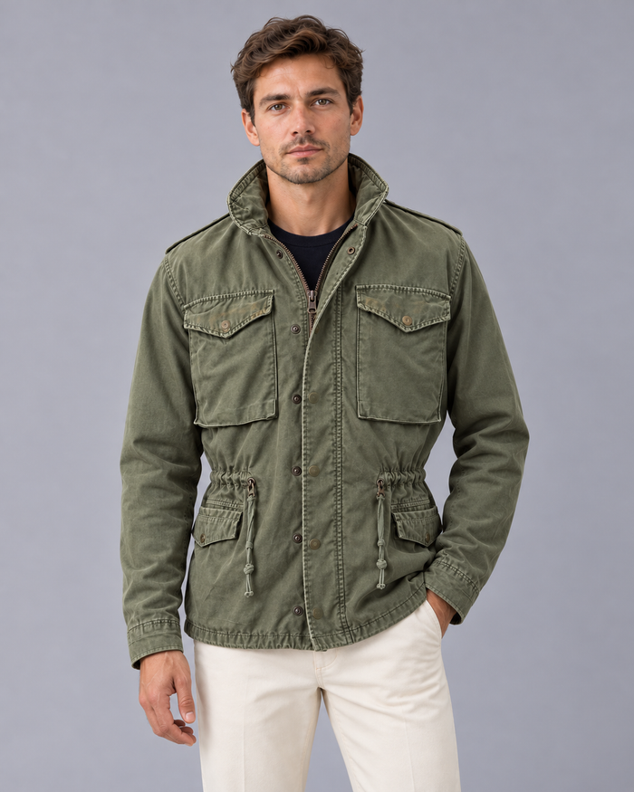 Men's Rain Jacket in Waterproof Polyester with Hood – Zip & Storm Flap, Drawstring Waist