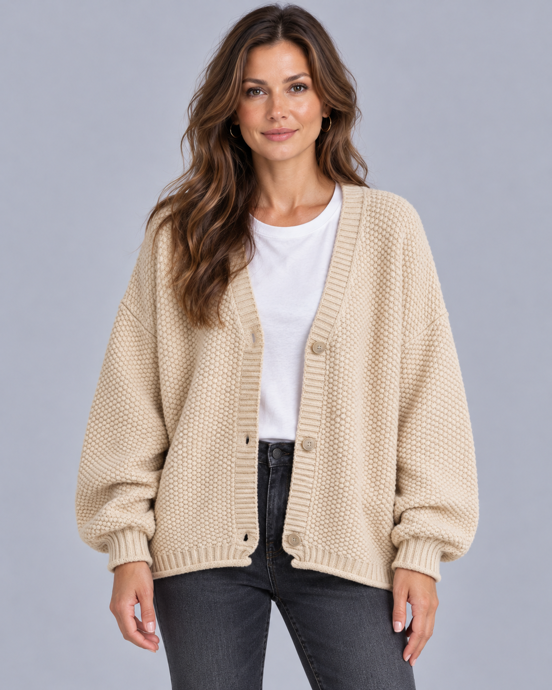 Women's Chunky Knit Cardigan in Wool Blend – Oversized, V-Neck, Balloon Sleeves, Button Front