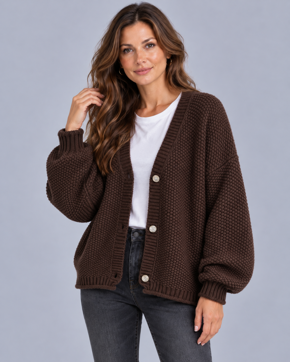 Women's Chunky Knit Cardigan in Wool Blend – Oversized, V-Neck, Balloon Sleeves, Button Front