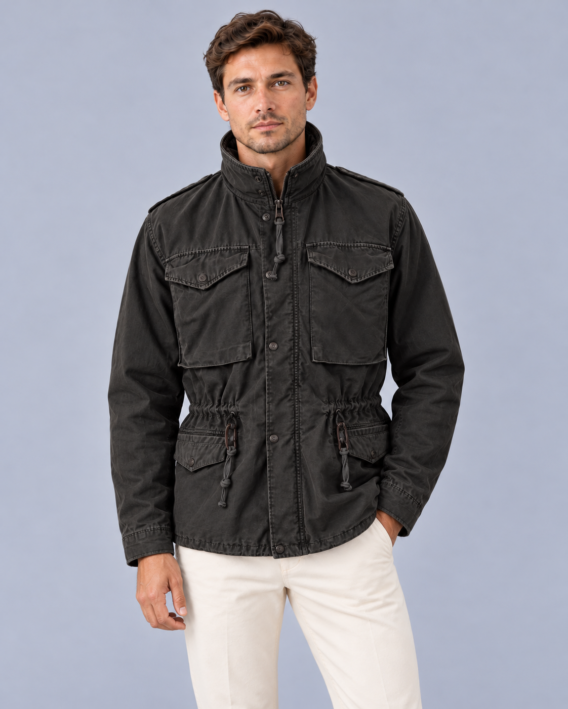 Men's Rain Jacket in Waterproof Polyester with Hood – Zip & Storm Flap, Drawstring Waist
