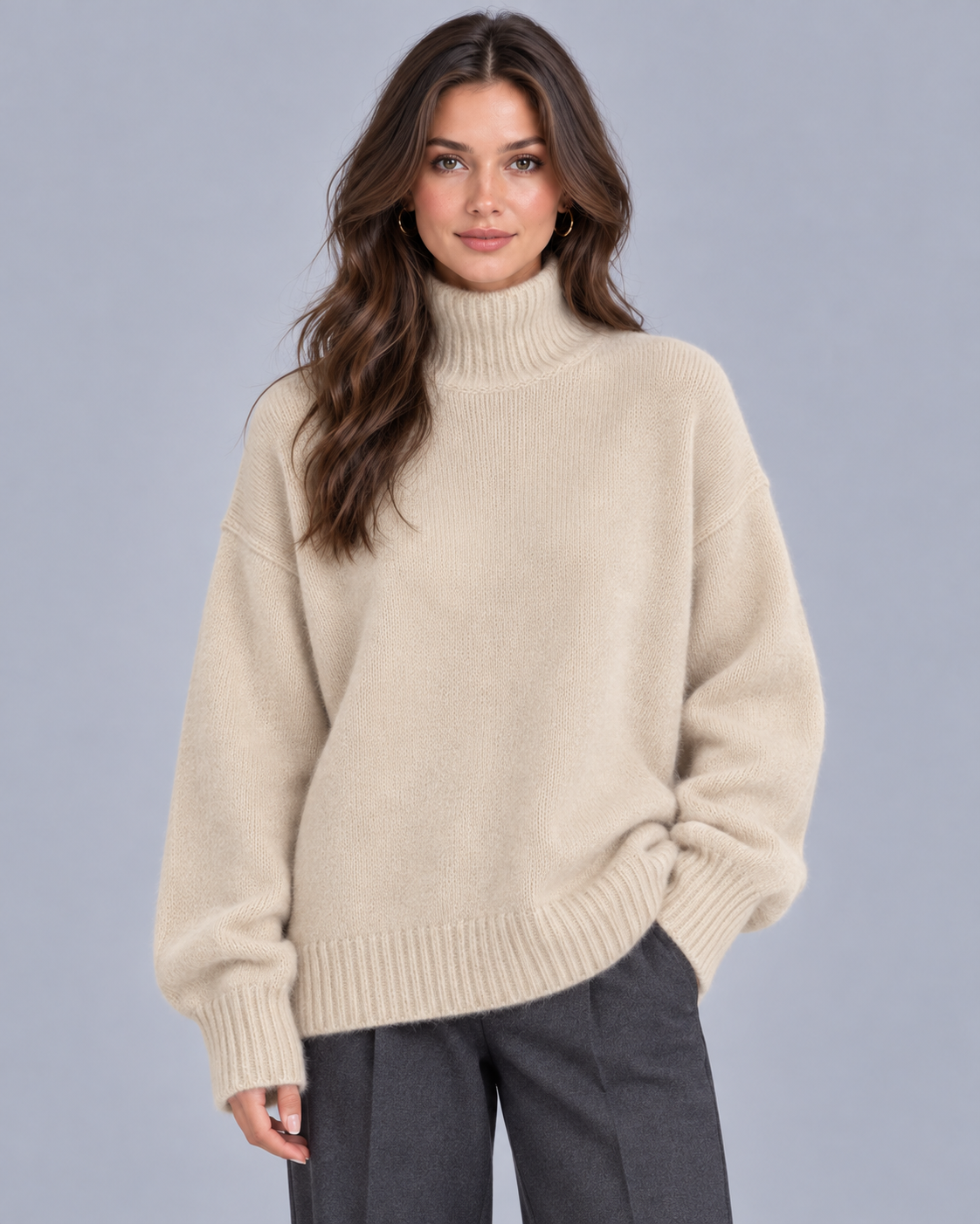 Women's Oversized Turtleneck Jumper – Ribbed Knit Cuffs & Hem, Dropped Shoulders