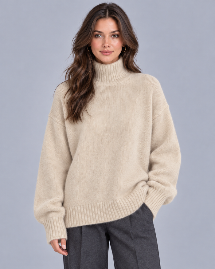 Women's Oversized Turtleneck Jumper – Ribbed Knit Cuffs & Hem, Dropped Shoulders