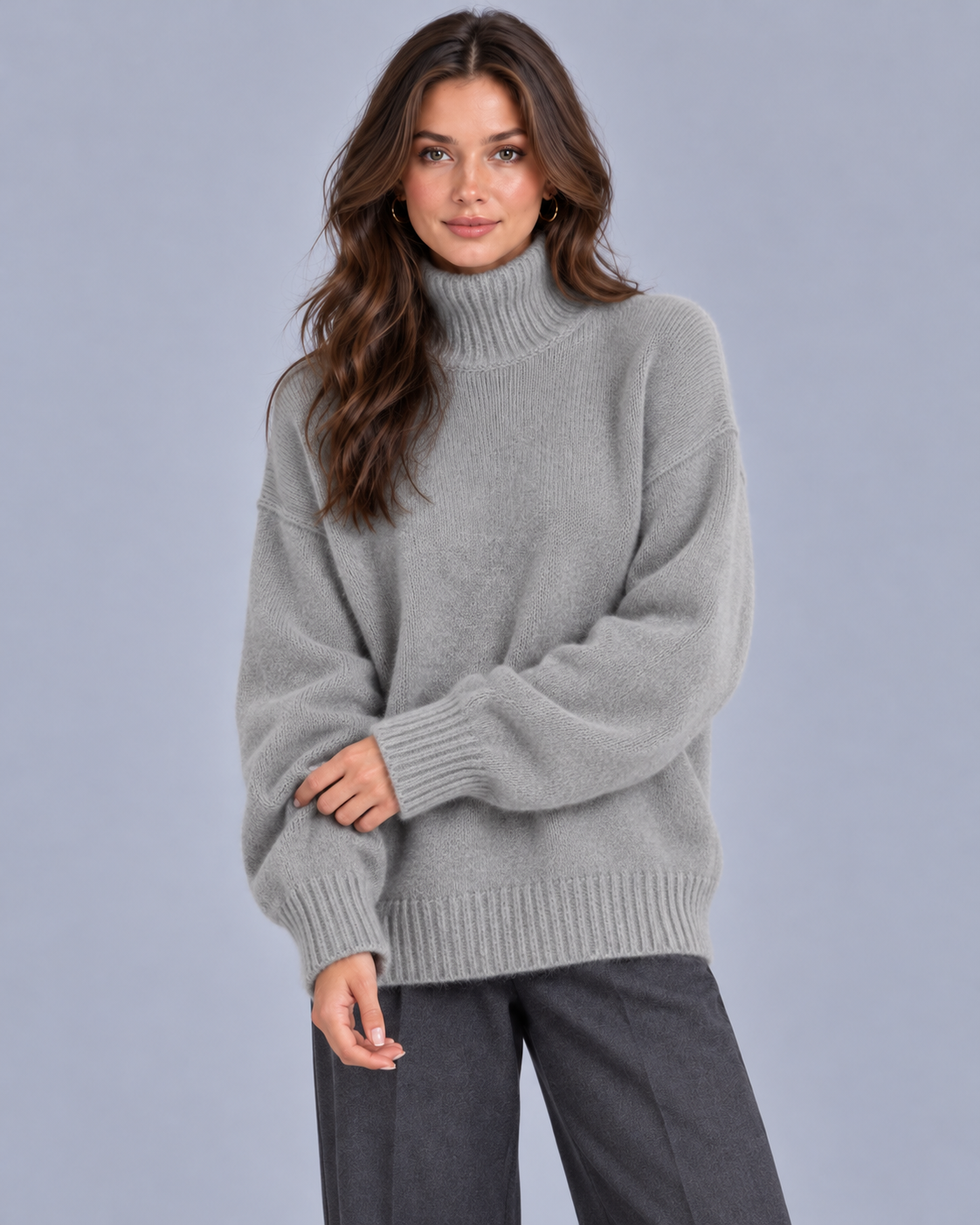 Women's Oversized Turtleneck Jumper – Ribbed Knit Cuffs & Hem, Dropped Shoulders