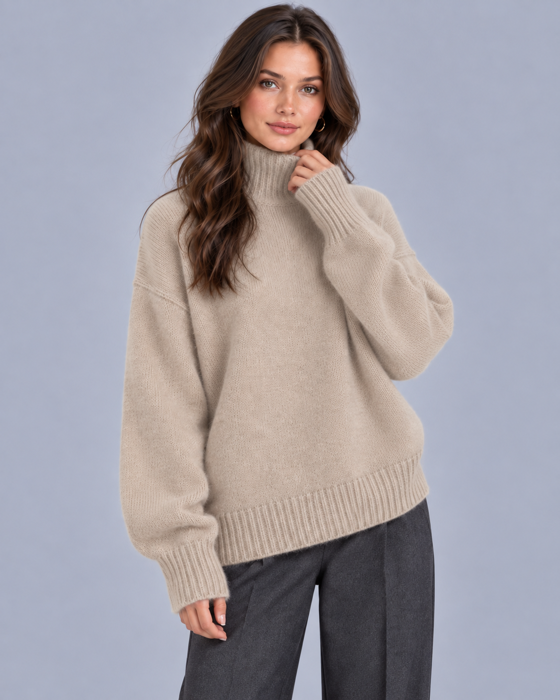 Women's Oversized Turtleneck Jumper – Ribbed Knit Cuffs & Hem, Dropped Shoulders