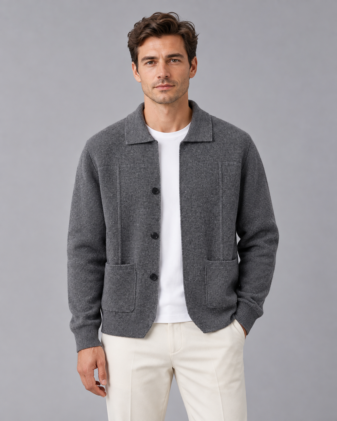 Men's 100% Cashmere Knitted Overshirt Jacket with Patch Pockets
