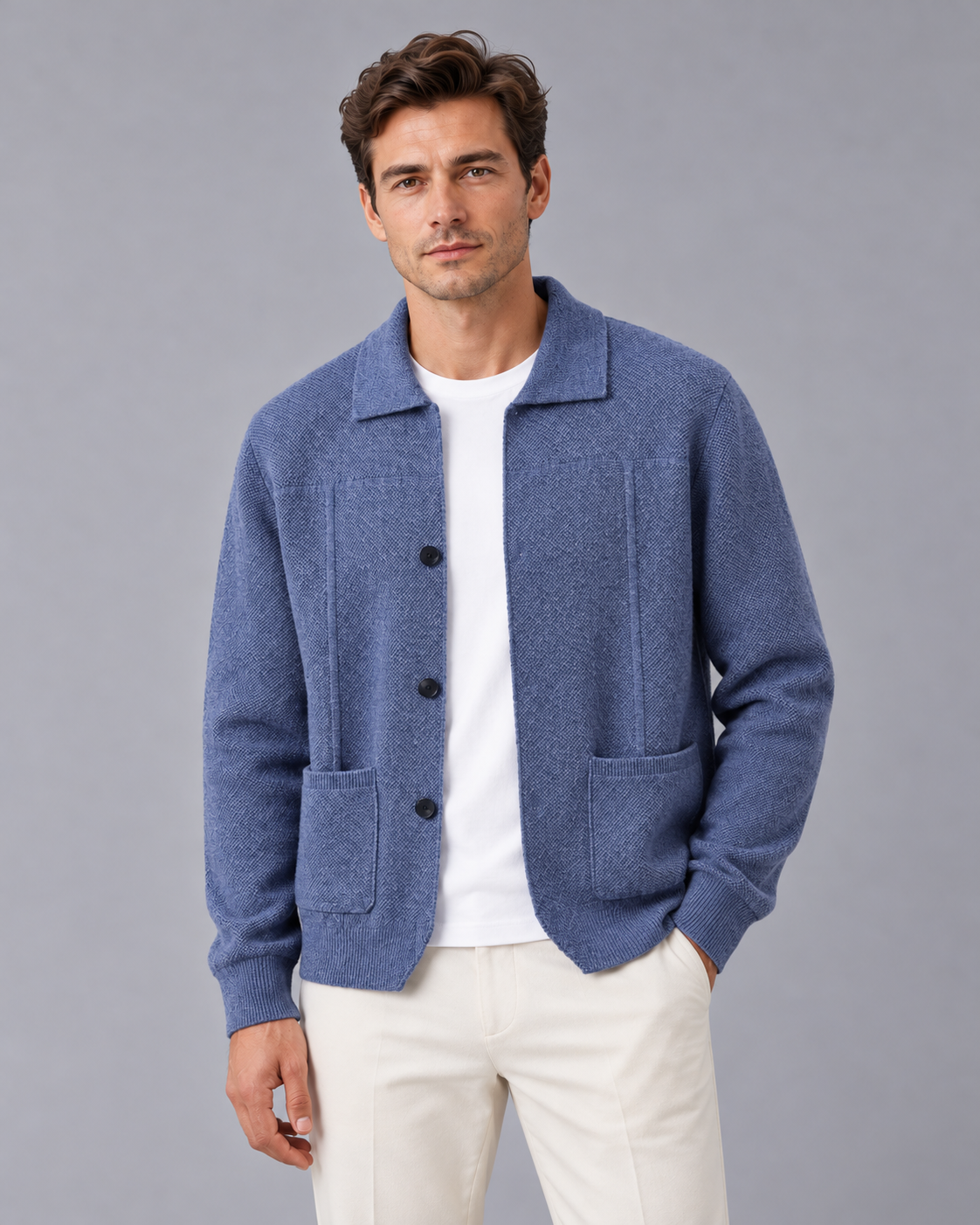 Men's 100% Cashmere Knitted Overshirt Jacket with Patch Pockets