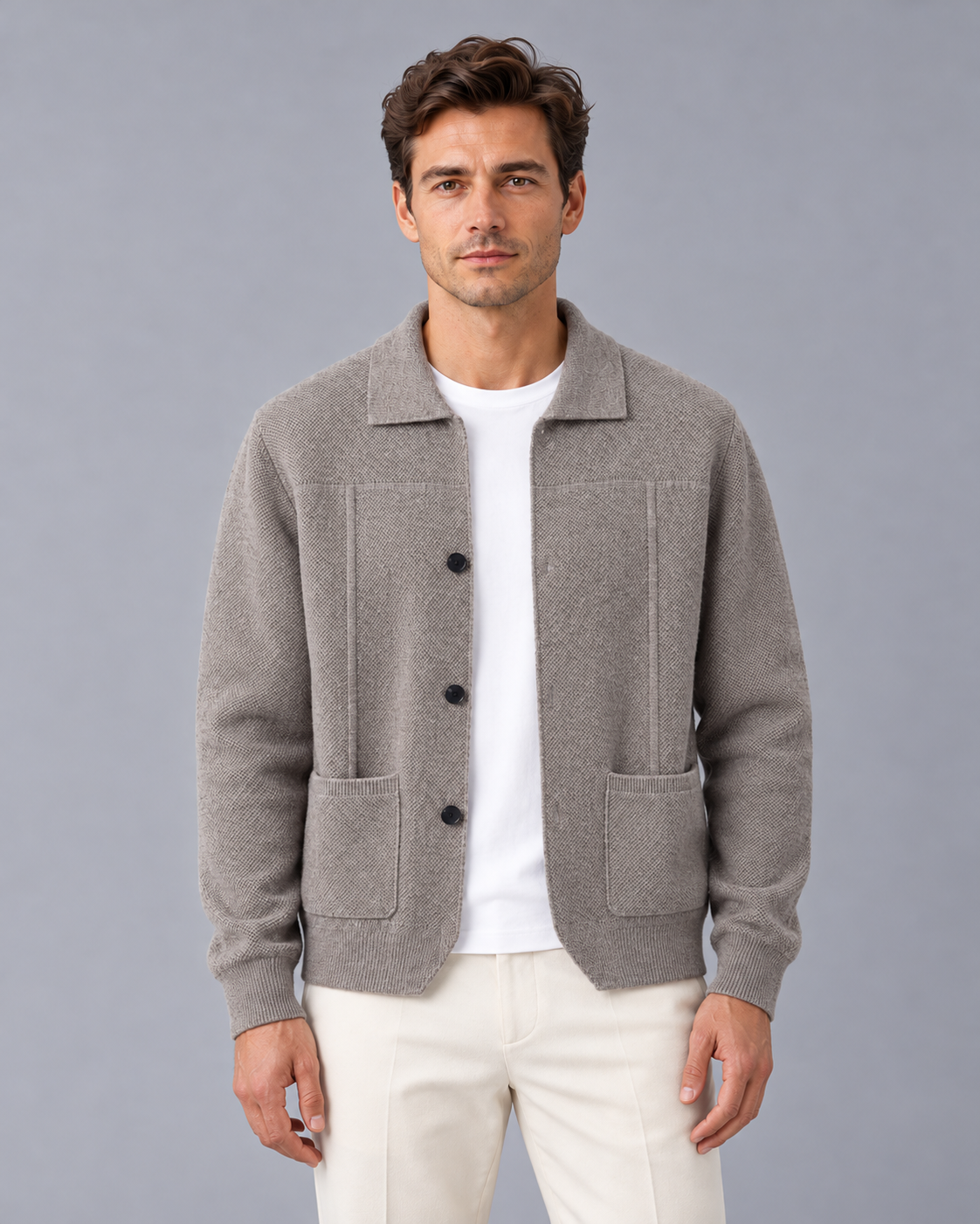 Men's 100% Cashmere Knitted Overshirt Jacket with Patch Pockets
