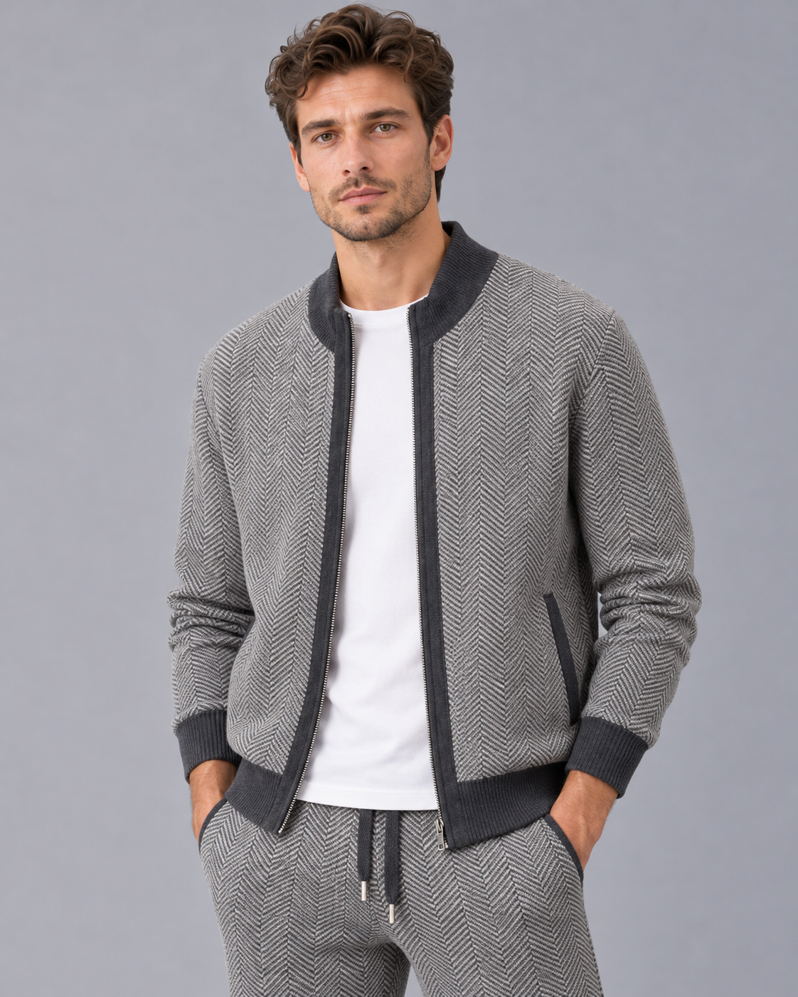 Men's 100% Merino Wool Knitted Tracksuit with Herringbone Pattern and Zip-Up Jacket