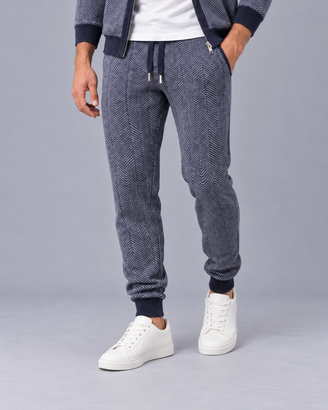 Men's 100% Merino Wool Knitted Tracksuit with Herringbone Pattern and Zip-Up Jacket