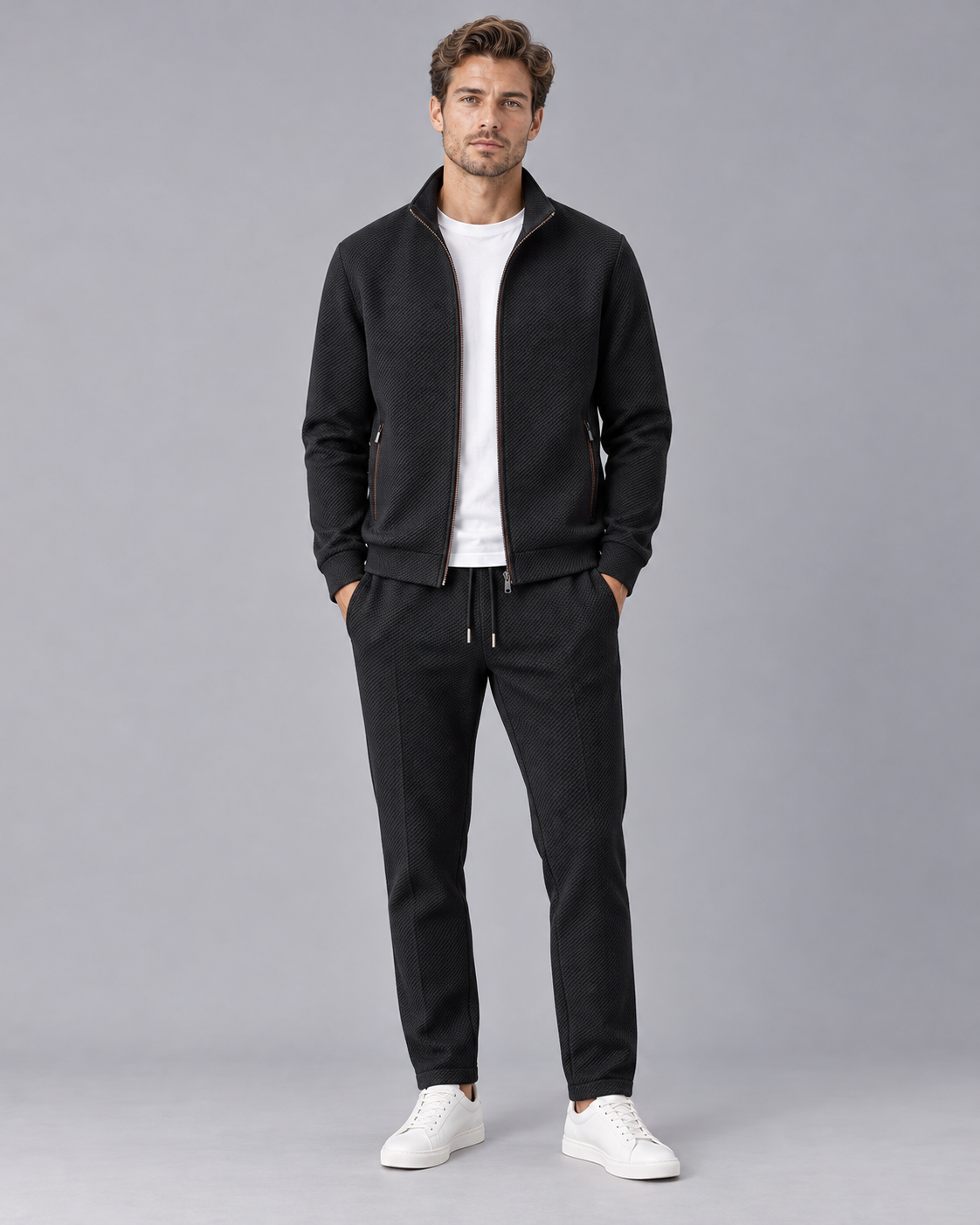 Men's Textured Tracksuit with Zip-Up Jacket and Drawstring Joggers